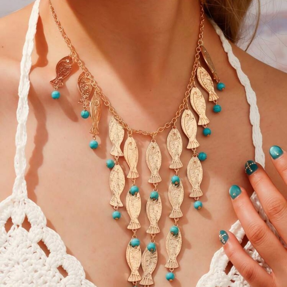 Fish Charm Necklace Turquoise Bead Cascading Gold Vtg Style Beach Ocean Zara NEW